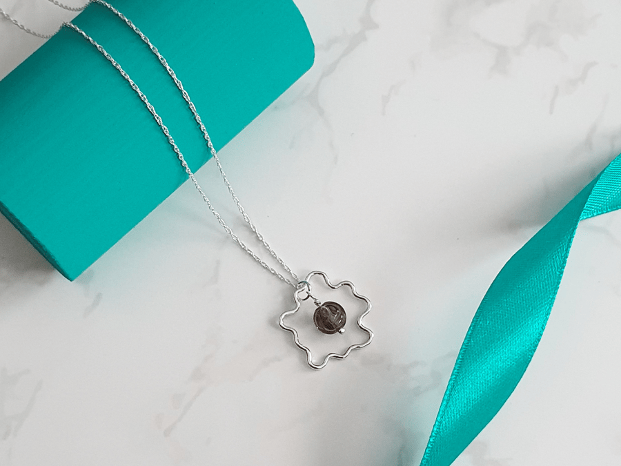 Sterling silver smokey quartz splodge necklace. Unique handmade gemstone pendant