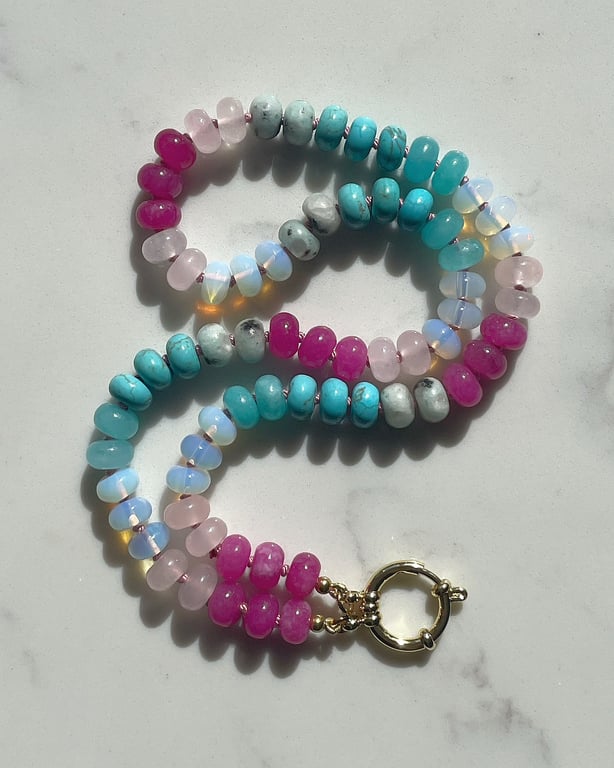 Candy Pink & Turquoise Hand Knotted Beaded Gemstone Necklace 
