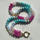 Candy Pink & Turquoise Hand Knotted Beaded Gemstone Necklace 