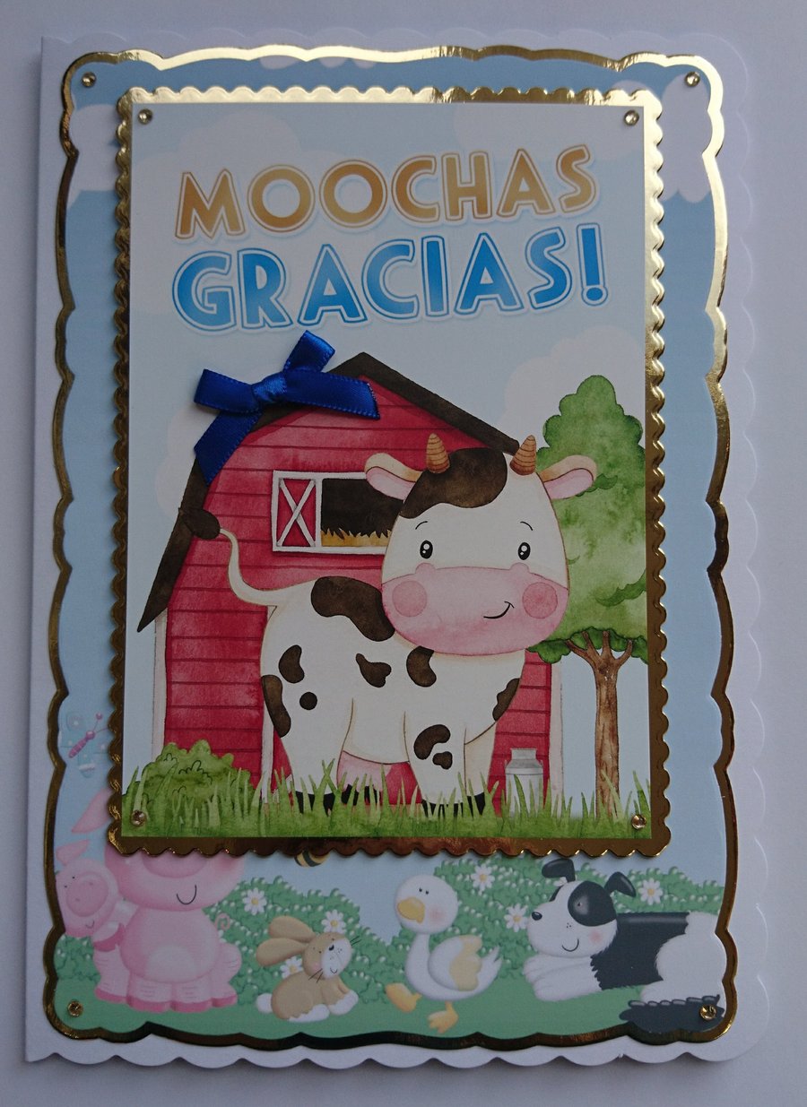 Thank You Card Moochas Gracias Cow on Farm 3D Luxury Handmade