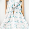 Handprinted Organic Cotton Hares Scarf Long Tassles Duck Egg Blue White