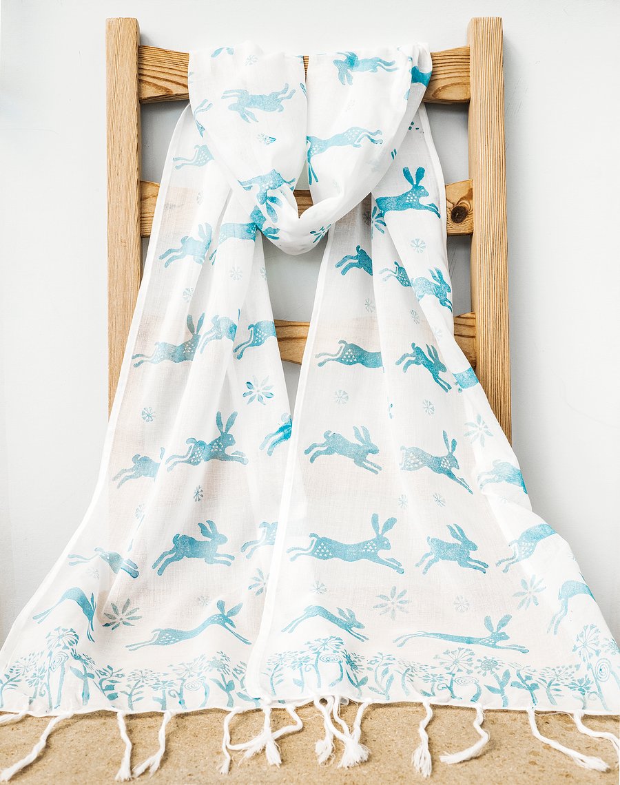 Handprinted Organic Cotton Hares Scarf Long Tassles Duck Egg Blue White