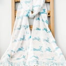 Handprinted Organic Cotton Hares Scarf Long Tassles Duck Egg Blue White