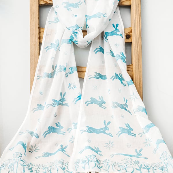 Handprinted Organic Cotton Hares Scarf Long Tassles Duck Egg Blue White
