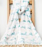 Handprinted Organic Cotton Hares Scarf Long Tassles Duck Egg Blue White