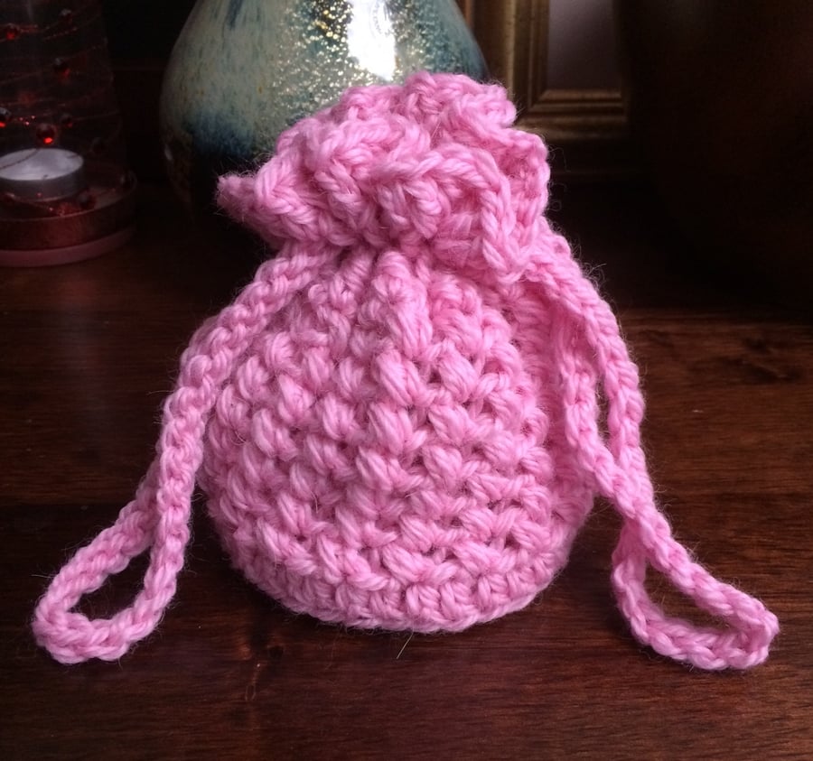 Hand Crocheted Pink Drawstring Bag Pouch Handbag by Poppy Kay