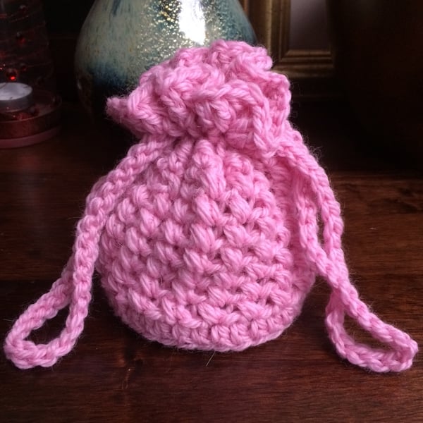 Hand Crocheted Pink Drawstring Bag Pouch Handbag by Poppy Kay