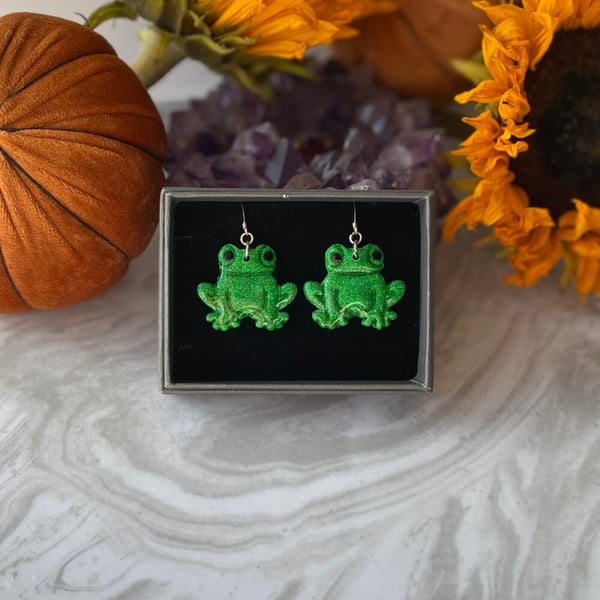 Green frog glitter statement earrings polymer clay and resin on sterling silver