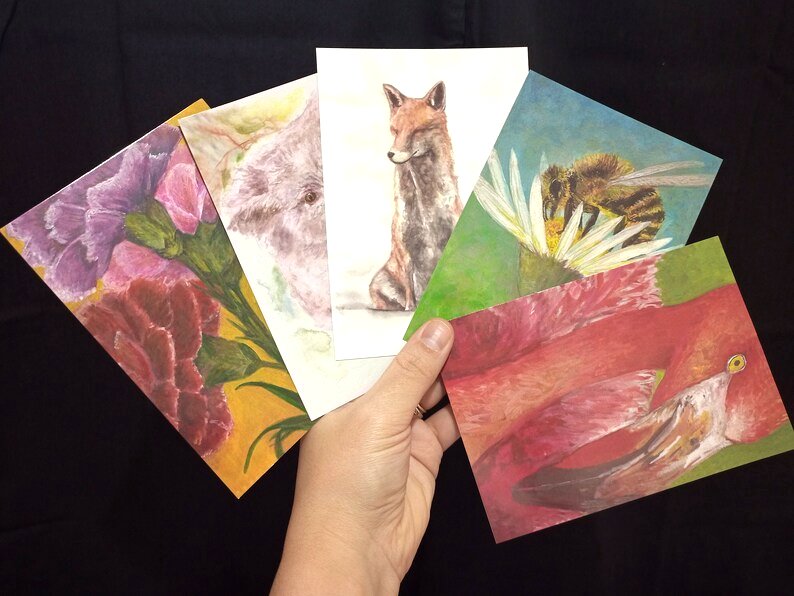 Watercolour Art Postcards – Nature: Fox, Koala, Flamingo, Bee & Flowers