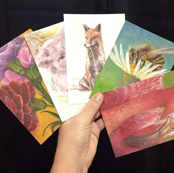 Watercolour Art Postcards – Nature: Fox, Koala, Flamingo, Bee & Flowers