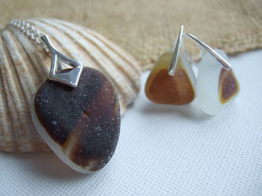 Brown Multi Seaham sea glass earring and necklace set, amber multi sea glass