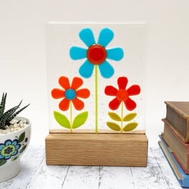 Fused Glass Retro Flowers on Oak - Multicoloured Fused Glass Sculpture