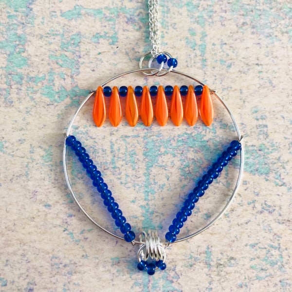 Vibrant Orange Czech Glass & Cobalt Blue Seed Beaded Statement Necklace 