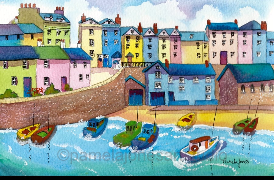 Tenby Harbour, Pembrokeshire, Wales, Watercolour Print in 10 x 8 '' Mount