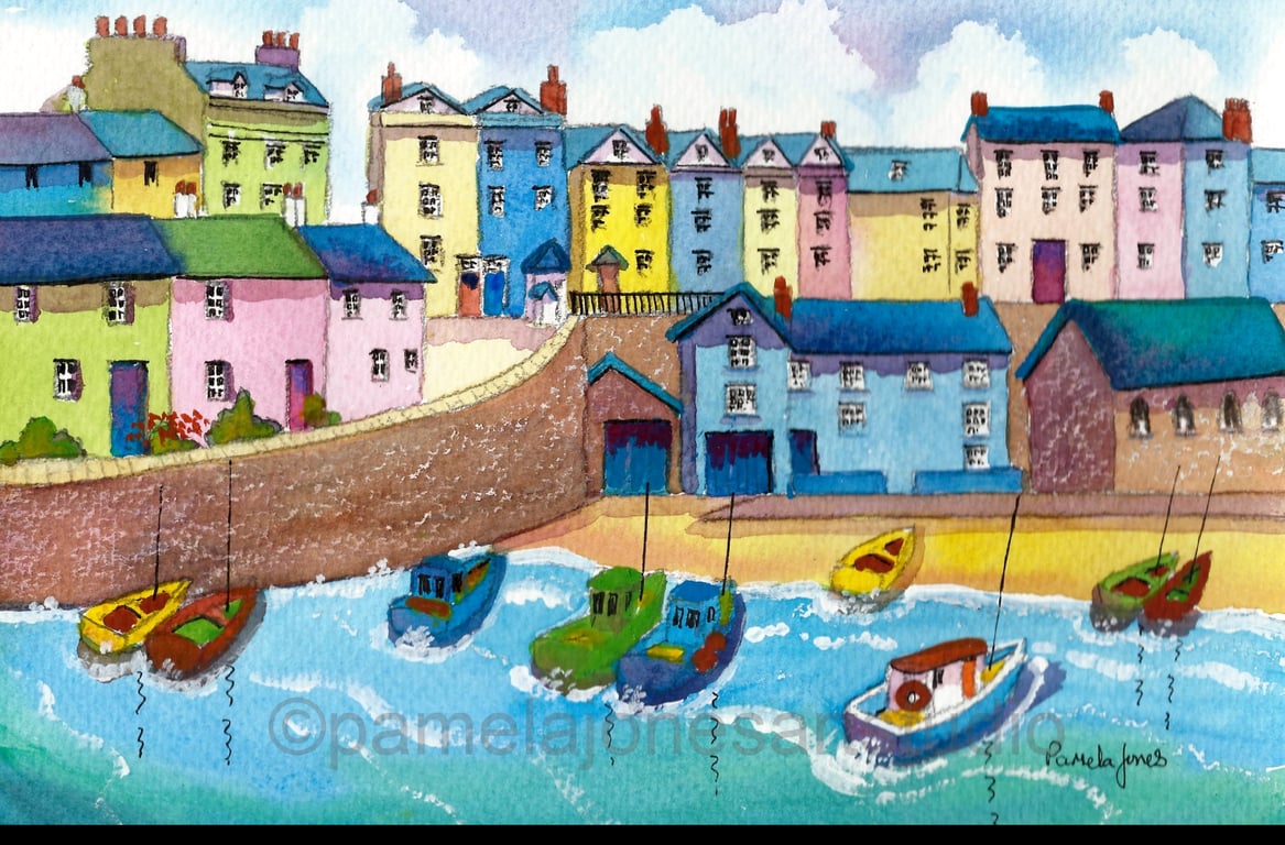 Tenby Harbour, Pembrokeshire, Wales, Watercolour Print in 10 x 8 '' Mount