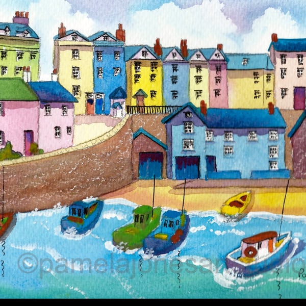Tenby Harbour, Pembrokeshire, Wales, Watercolour Print in 10 x 8 '' Mount