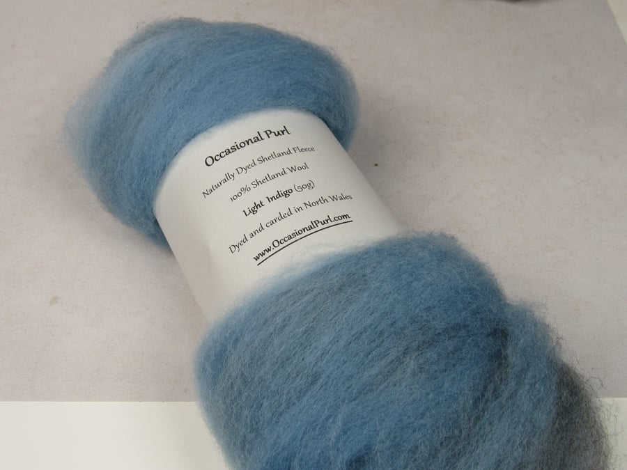 50g Light Indigo Blue Naturally Dyed Shetland Wool Batt