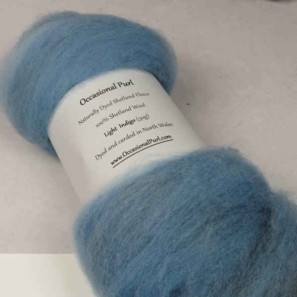 50g Light Indigo Blue Naturally Dyed Shetland Wool Batt