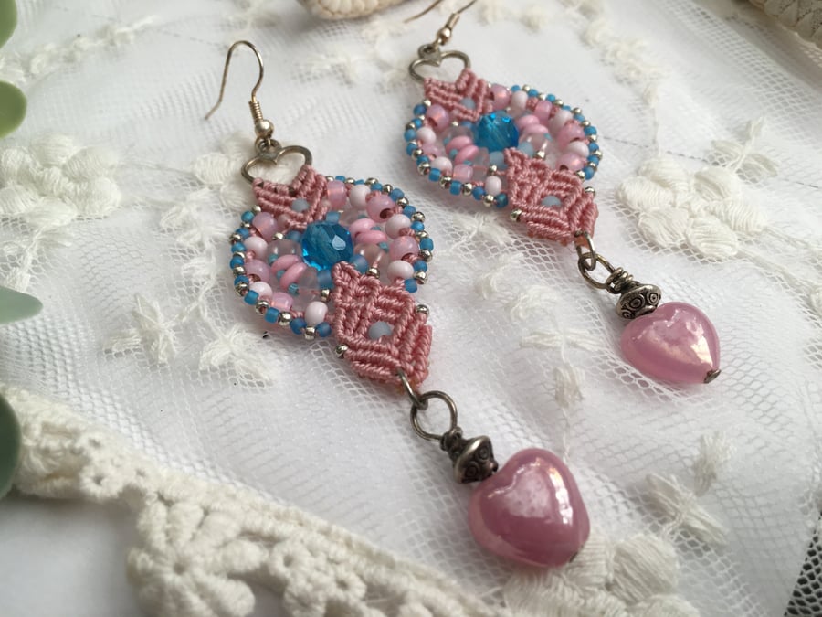 Dangle earrings pink heart design, macrame beaded earrings