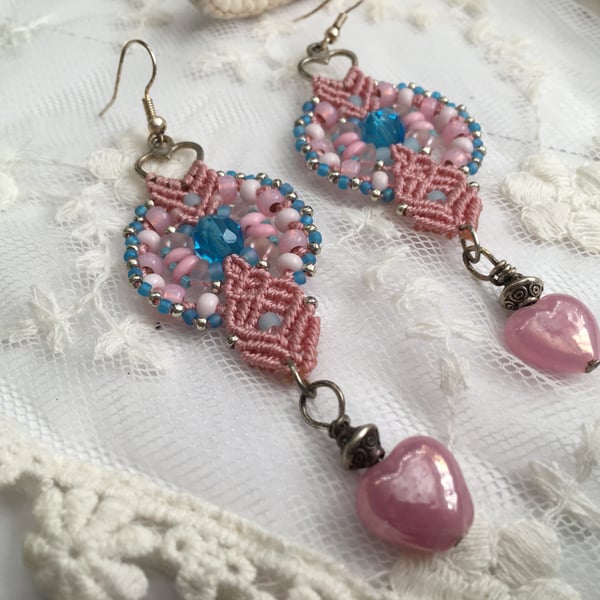 Dangle earrings pink heart design, macrame beaded earrings