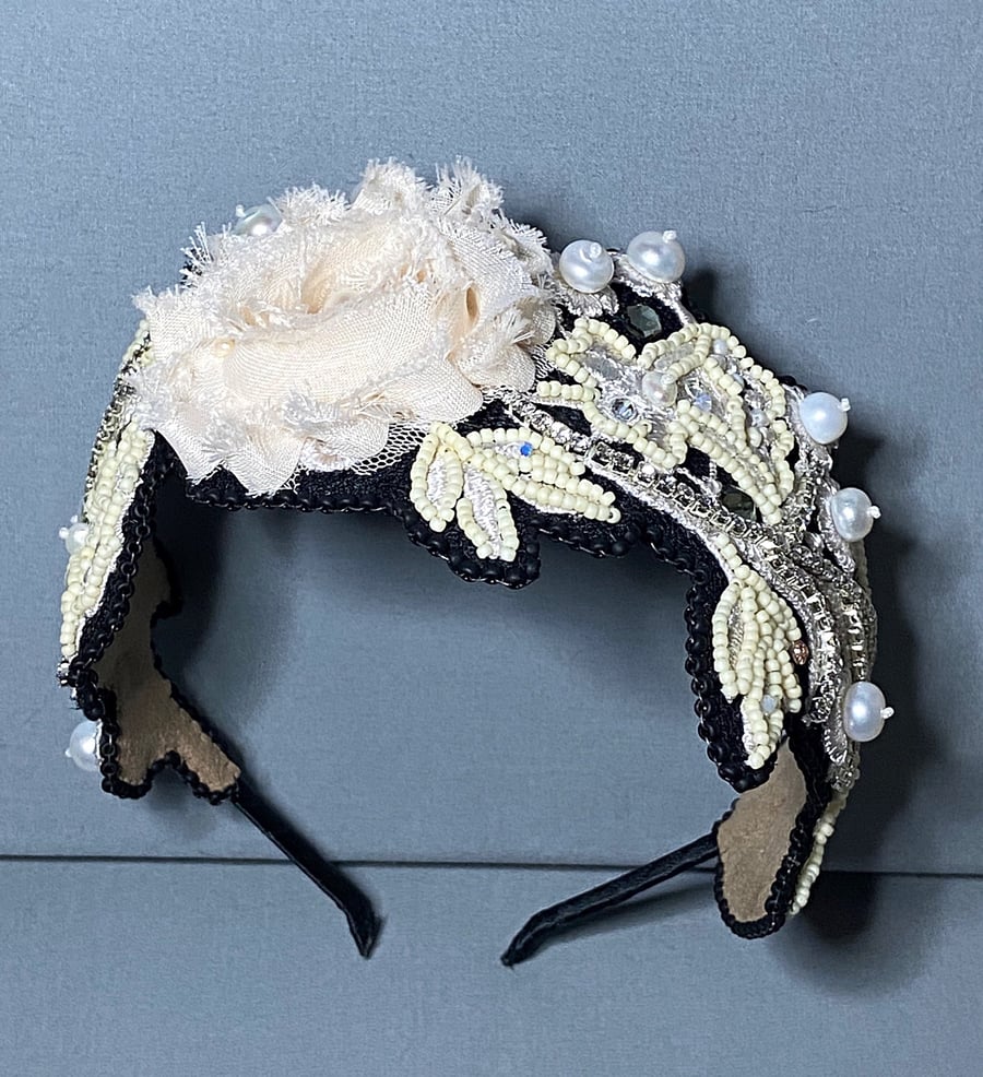 Lace Beaded Pearl Flower Embroidered Headband, 2 Colour Choice