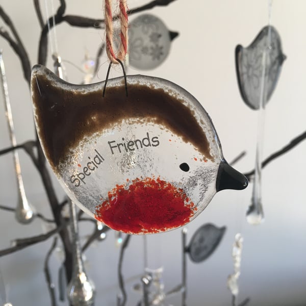 Handmade Fused Glass "Special Friends" Robin Christmas Decoration