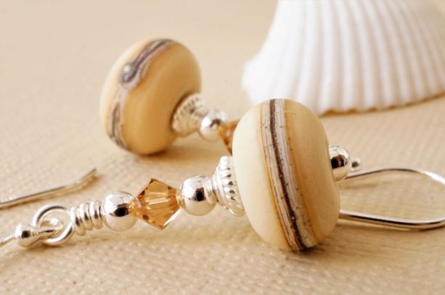 Cream and grey lampwork earrings with Swarovski crystal
