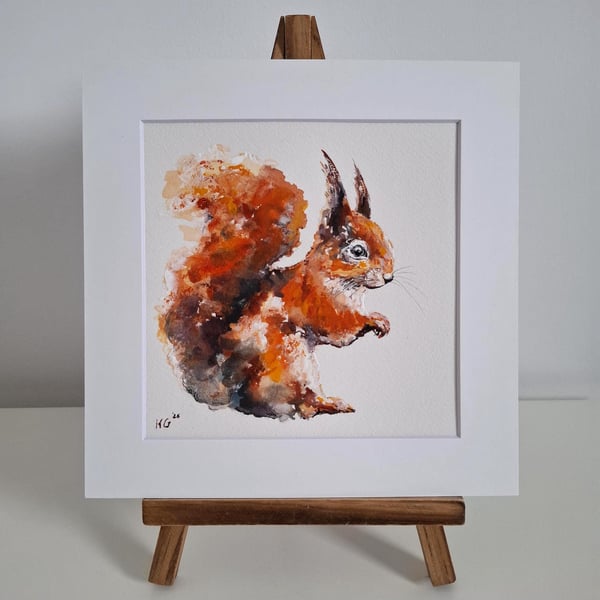 Original Squirrel Painting, Watercolour Art, 15x15cm, Mounted 8x8"