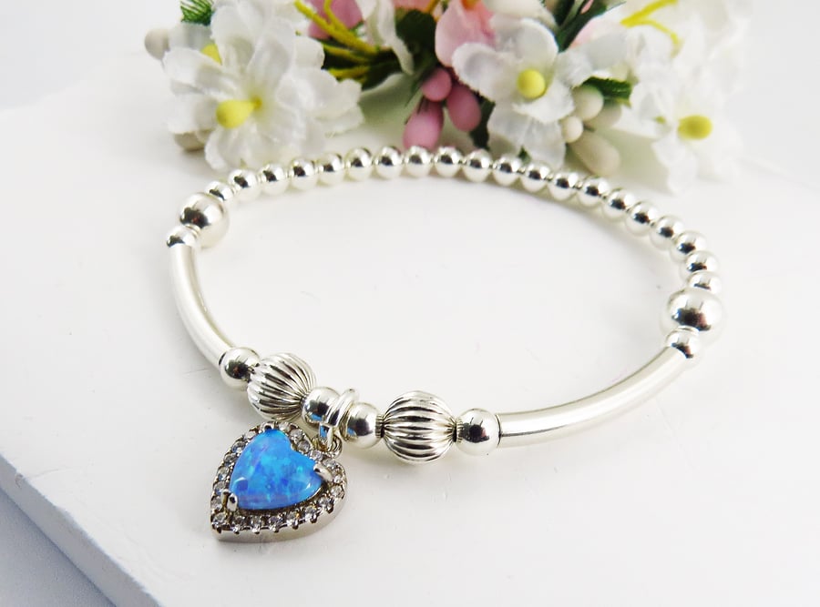 925 Sterling Silver Blue Opal Heart Charm Stretch Beaded Bracelet