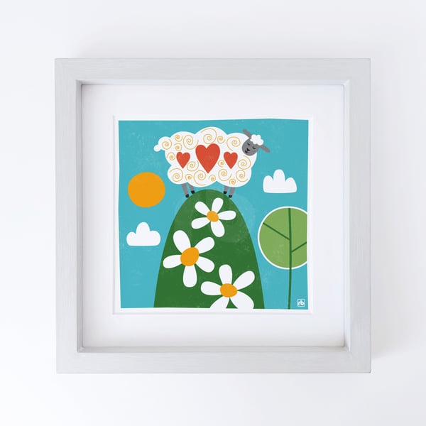 On Top Of The World, sheep on a hill illustration, original Giclee print