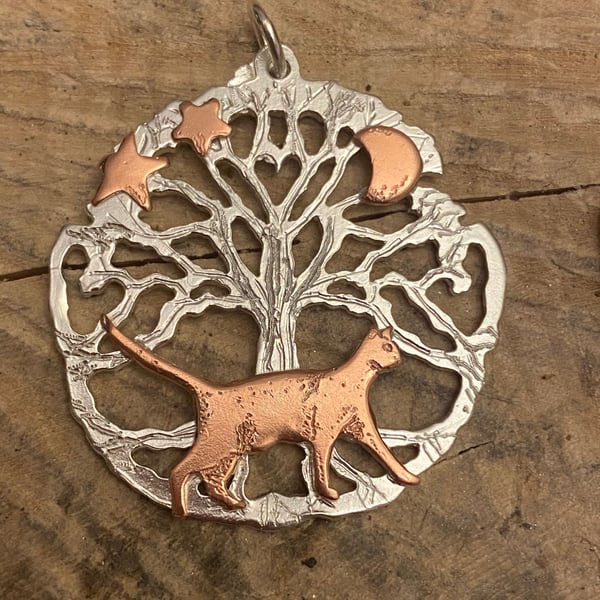 Silver Tree of Life Pendant with Copper Cat Necklace, Freedom, Stars, Lunar