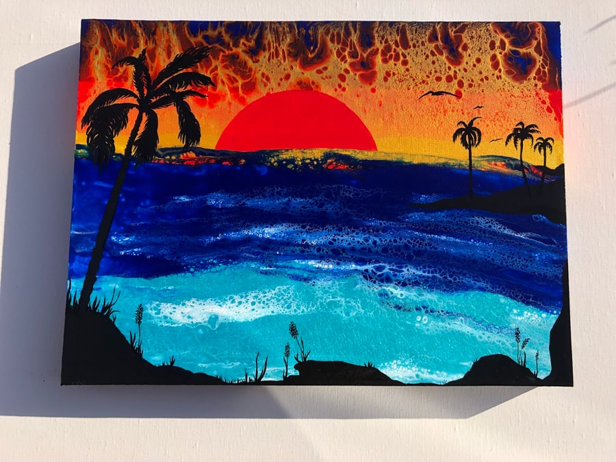SALE. Tropical sunset original painting, vivid abstract sunset