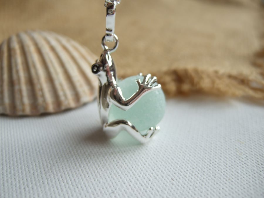 Sea glass marble frog necklace, silver plated frog pendant, unique gift