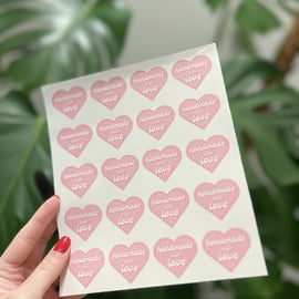 Handmade with Love Heart Shaped Pink Stickers