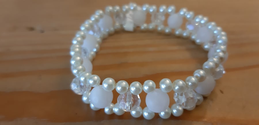 3 Layer Beaded Elastic Bracelet with Ivory Glass Beads and Natural Rose Quartz