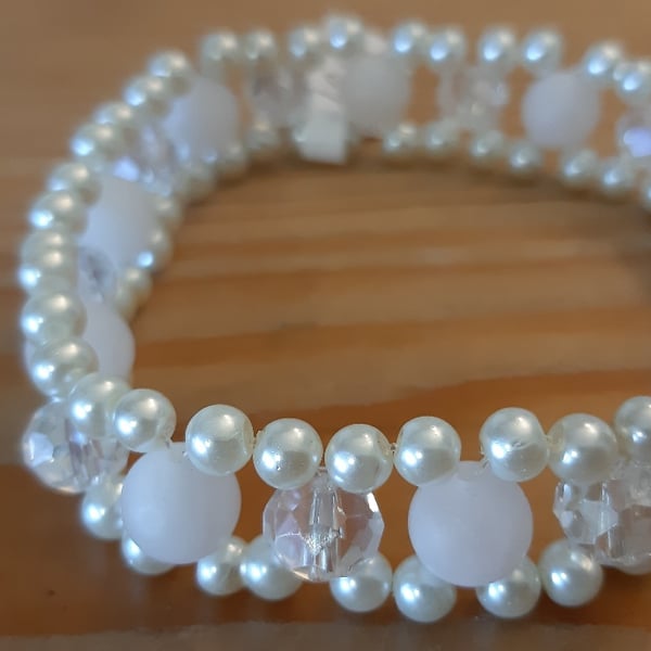 3 Layer Beaded Elastic Bracelet with Ivory Glass Beads and Natural Rose Quartz