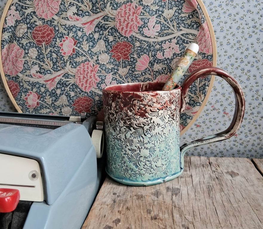 Fern pattern background bicolour coffee cup, blue red mug, ceramic handmade 