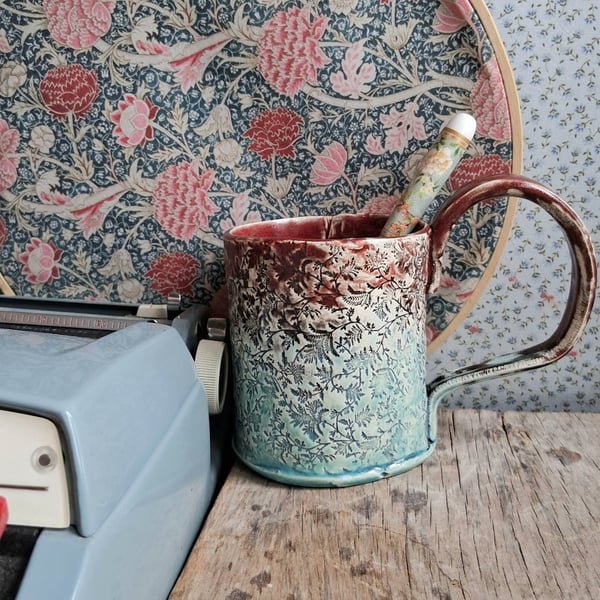 Fern pattern background bicolour coffee cup, blue red mug, ceramic handmade 