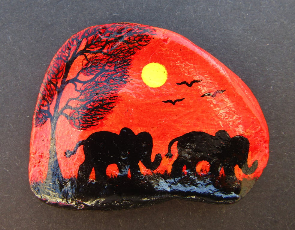 Two Elephants Painted on Shell, Silhouette Art, Seashell Gift, Magnet (Optional)