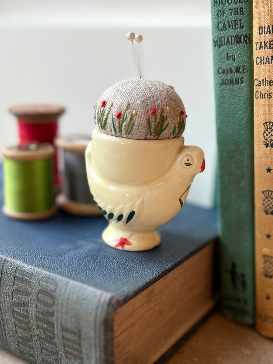 Pin cushion - Vintage chicken egg cup - embroidered with bee and flowers