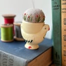 Pin cushion - Vintage chicken egg cup - embroidered with bee and flowers