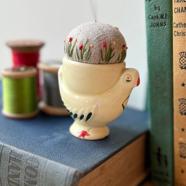 Pin cushion - Vintage chicken egg cup - embroidered with bee and flowers