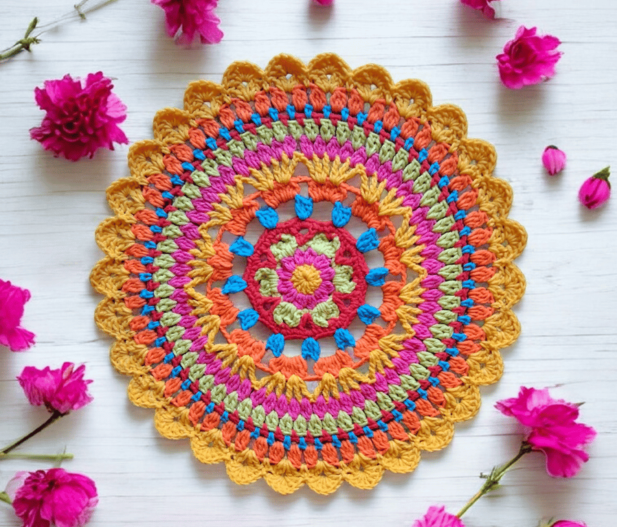 Bright crochet mandala doily table mat