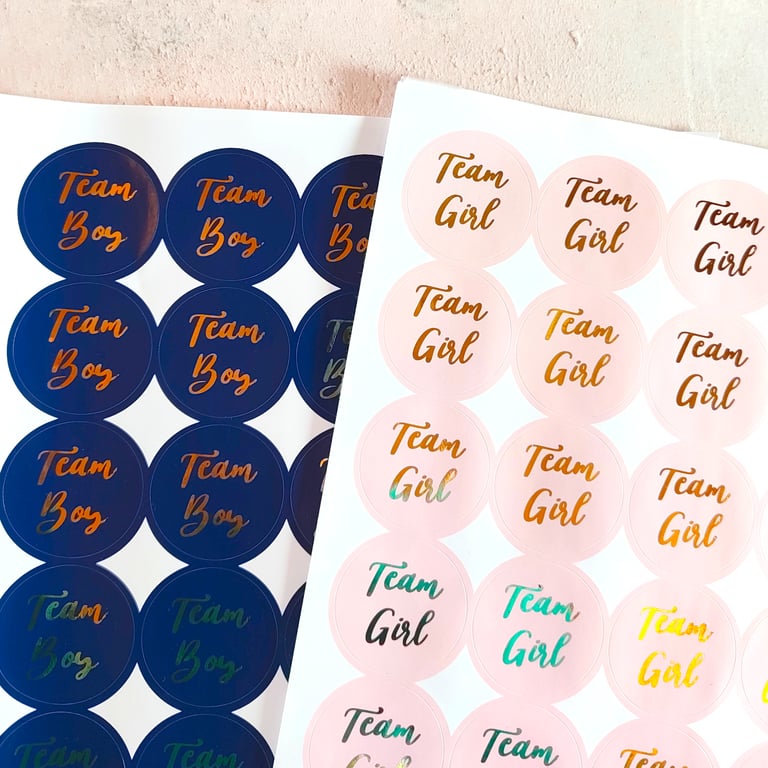 Real Foil Baby Gender Reveal 37mm Stickers - Team Boy and Team Girl