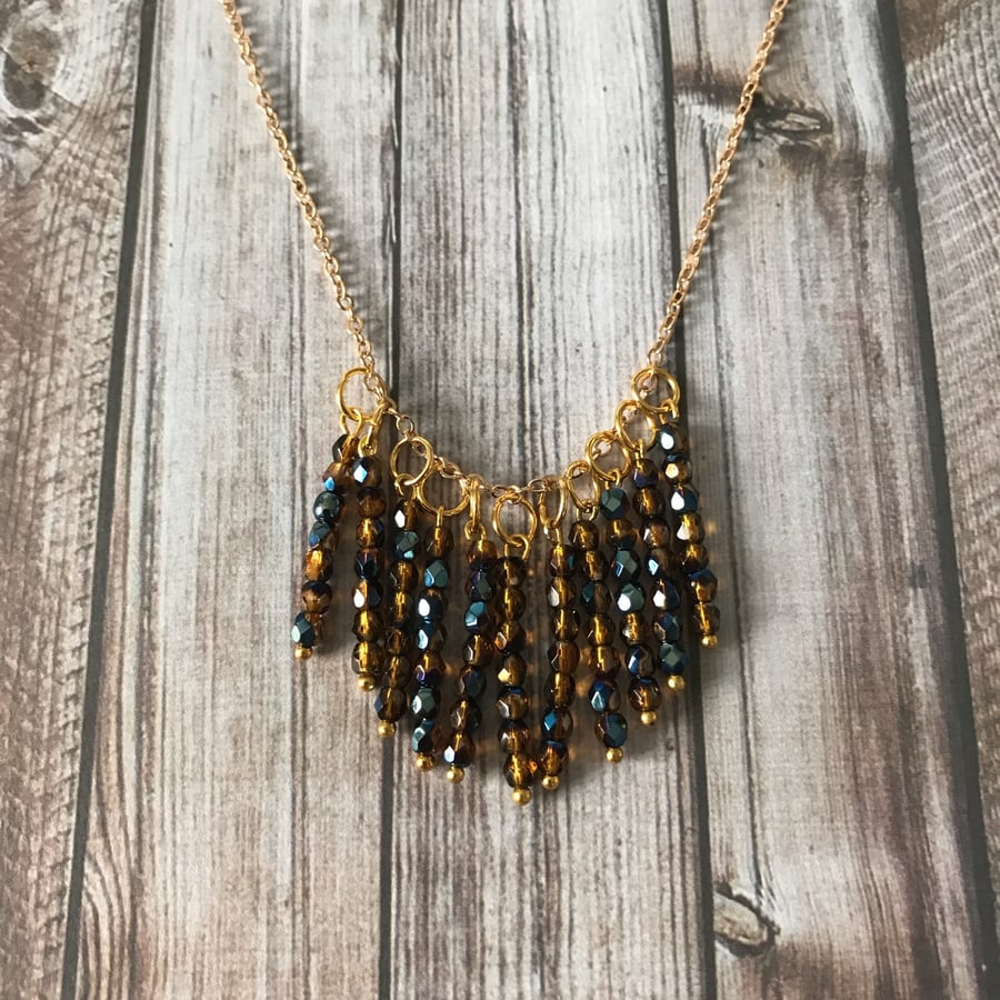 Gold Amber & Blue Pendant Necklace