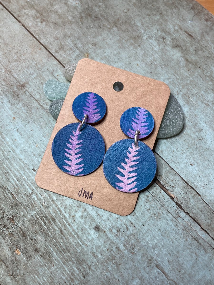 Double round shape wooden print drop stud earrings handmade