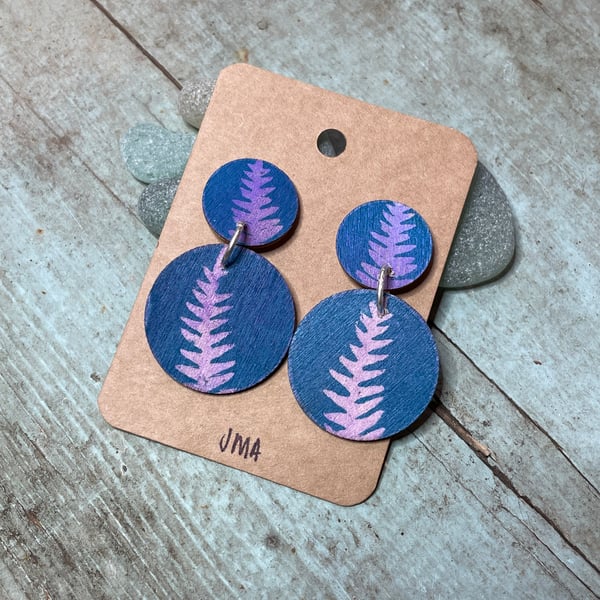 Double round shape wooden print drop stud earrings handmade