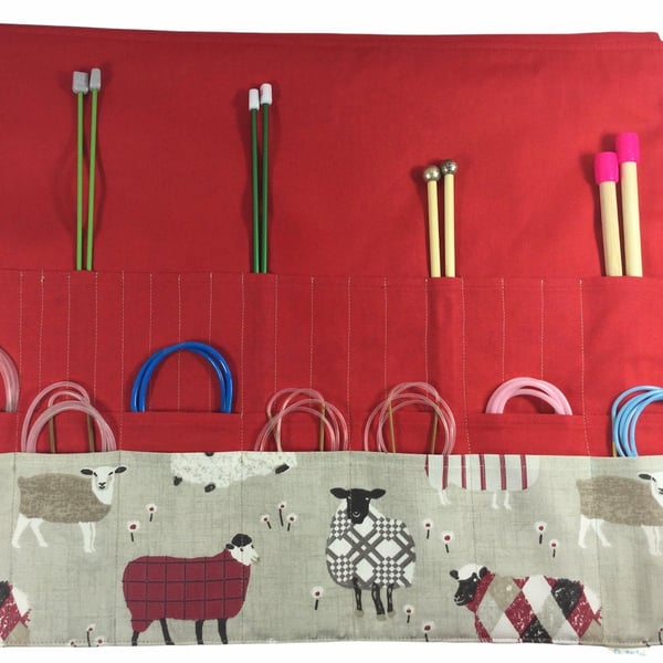 Straight and circular knitting needle case with red sheep, knitting needle pouch