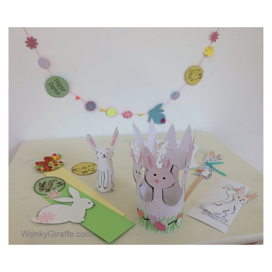 Easter bunny decorations to print, colour and make emailed PDF from WonkyGiraffe