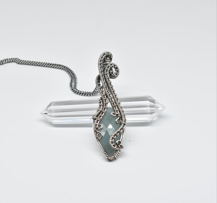 Faceted Aquamarine and Silver Wrapped and Woven Pendant on an 18" Chain